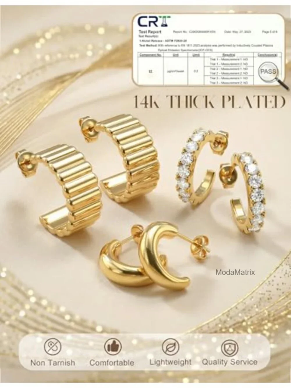 14K Gold Plated Hoop Earrings Stacks - 3 Pairs Huggie Hoops Hypoallergenic Non